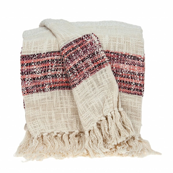 Homeroots Beige and Shades of Pink Strips Woven Handloom Throw Blanket 476230 - main