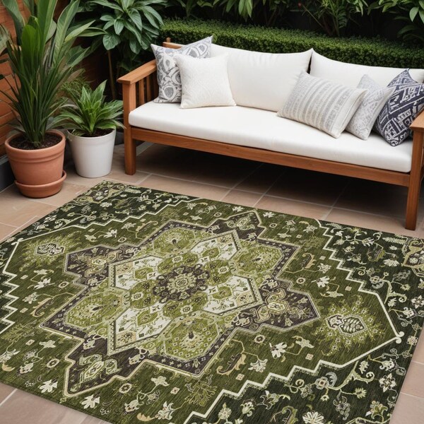 Homeroots 9' X 12' Olive Green Ivory And Brown Oriental Washable Indoor Outdoor Area Rug 600178 - main