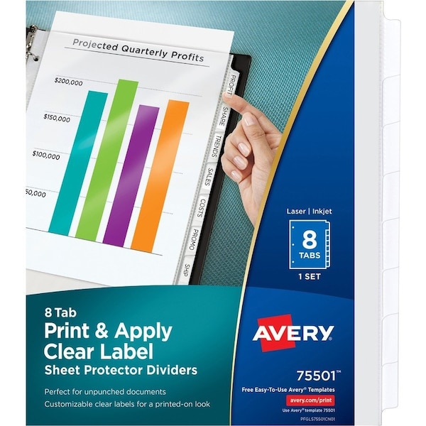 Avery reg Print Apply Clear Label Sheet Protector Dividers, 8 White Tabs, No Color AVE75501 - main