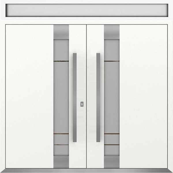 Vdomdoors Metal Double Doors Deux 1713 White Enamel Frosted Glass Top Transom Entry Modern Painted (W72xH96+1 DEUX1713DEXD-BEM-W72xH96+12-RH-O - main