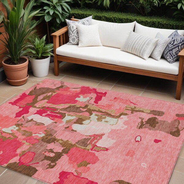 Homeroots 8' X 10' Coral Pink And Brown Abstract Washable Indoor Outdoor Area Rug 599559 - main