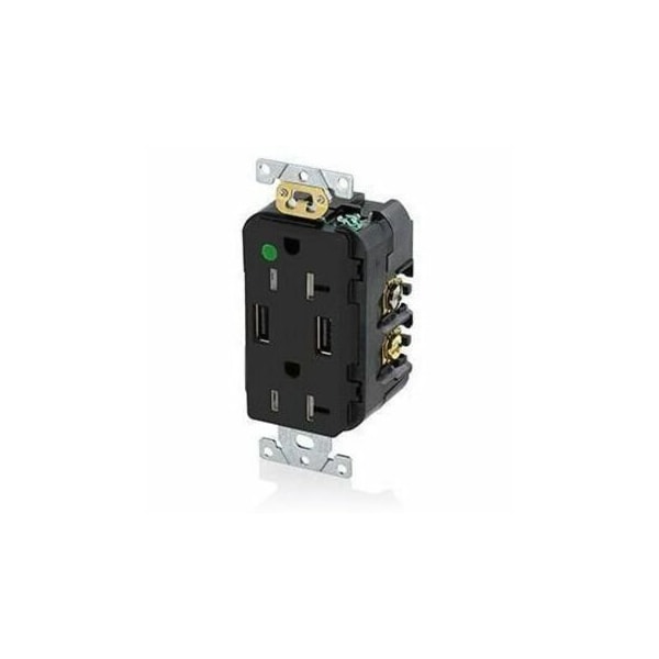 Leviton USB Charger/Duplex Tamper-Resistant Receptacle, Hospital Grade, 3.6/20 Amp, 125 Volt, Black T5832-HGE - main
