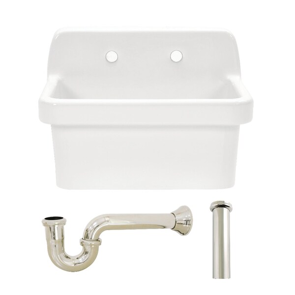 Kingston Brass 24" Ceramic Single Bowl Wall Mount Kitchen Sink with Strainer, White/Polished Nickel KGPKWS2419176 - main