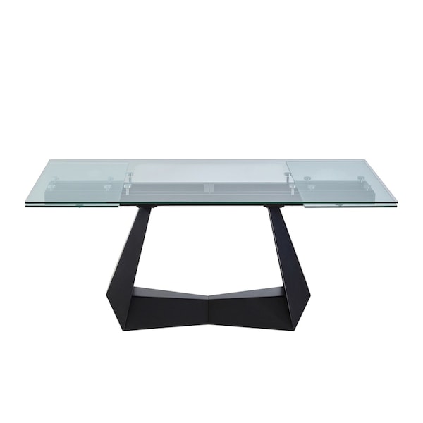 Homeroots 71" Clear and Black Glass and Metal Self-Storing Leaf Sled Base Extendable Dining Table 555200 - main