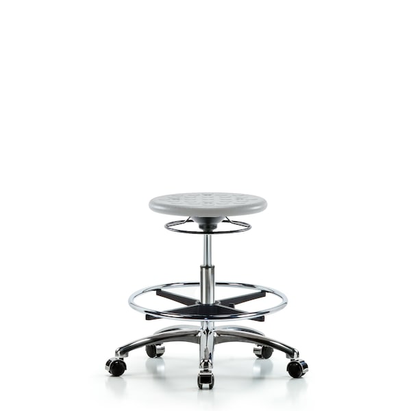 Blue Ridge Ergonomics Polyurethane Stool Chrome-Medium Bench Height with Chrome Foot Ring & Casters in Gray Polyurethane IPMBSO-CR-CF-CC-GRY - main