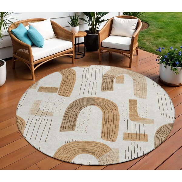Homeroots 8' Ivory Khaki And Beige Round Geometric Washable Indoor Outdoor Area Rug 618102 - main
