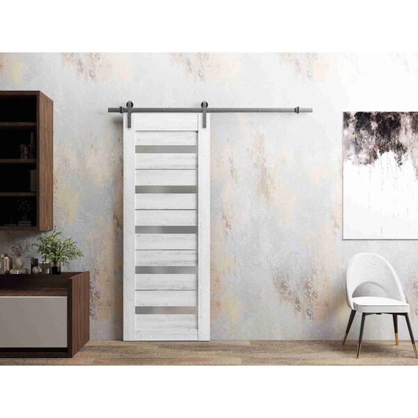 Sartodoors Sturdy Barn Door 18 x 80in, Nordic White W/ Frosted Glass, SS 6.6FT Rail Hangers Heavy Set QUADRO4445BD-S-NOR-18 - main