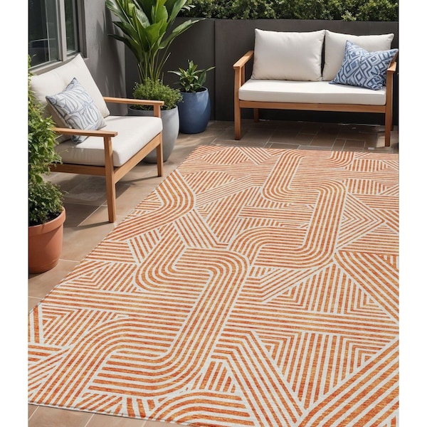 Homeroots 5' X 8' Orange And Ivory Abstract Washable Indoor Outdoor Area Rug 594948 - main