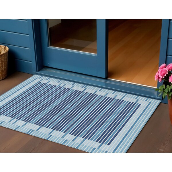 Homeroots 3' X 5' Sky Blue And Denim Blue Striped Washable Indoor Outdoor Area Rug 610504 - main