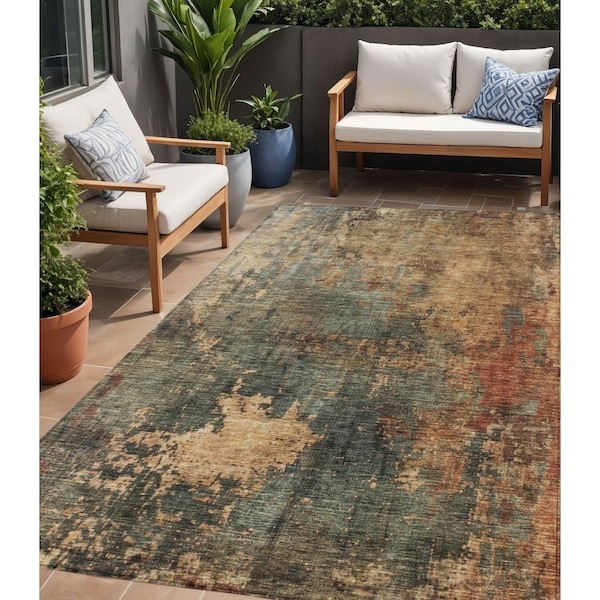 Homeroots 5' X 8' Sage Tan And Copper Abstract Washable Indoor Outdoor Area Rug 606105 - main