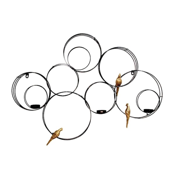 Homeroots 32" Black And Gold Metal Circles And Birds Hanging Sculpture With Votive Holders 401283 - main