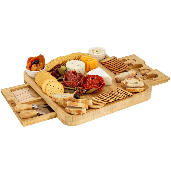 Megachef Bamboo Charcuterie Cheese Board Set with Ramekins and Slide Out Cutlery Drawer 750122177M - main
