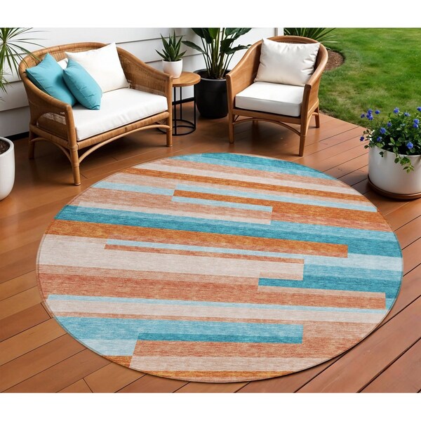 Homeroots 8' X 10' Orange Teal Blue And Salmon Striped Washable Indoor Outdoor Area Rug 613311 - main