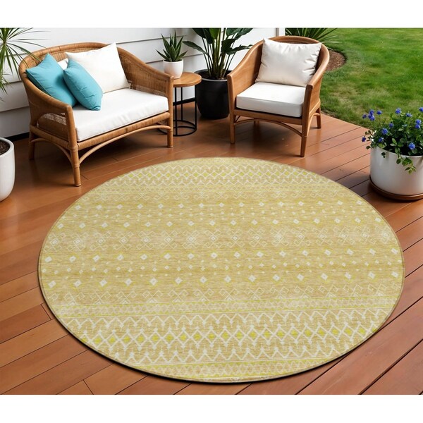 Homeroots 8' Gold Ivory And Taupe Round Tribal Washable Indoor Outdoor Area Rug 582622 - main