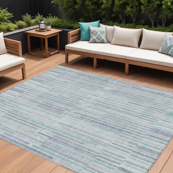 Homeroots 9' X 12' Mint Green And Ivory Striped Washable Indoor Outdoor Area Rug 631549 - main