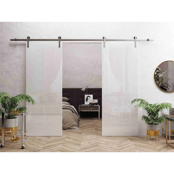 Sartodoors Double Barn Door 84 x 96 inches, Planum 0010 Gloss White, 14FT Silver Rail Track Set, Solid Panel I PLANUM0010DB-S-GLOS-8496 - main