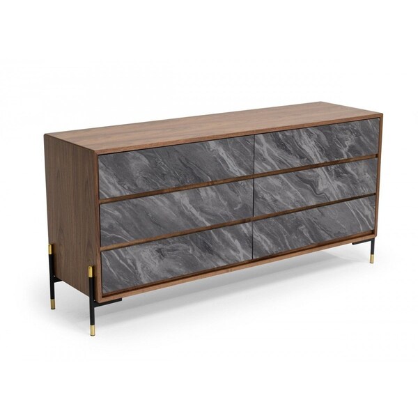 Homeroots 63" Walnut And Grey Faux Marble Wood Six Drawer Double Dresser 473111 - main