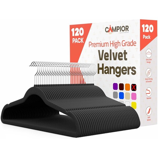 Campior Premium Velvet Non-Slip Hangers, Heavy Duty, 360 Deg Swivel Hook, Black Velvet Finish, 120PK CMPVVH120BK - main