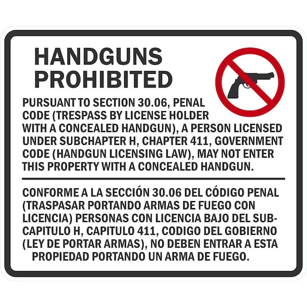 Lyle Section 30.06 Concealed Handguns Prohibited Sign, 36x30, High Intensity Prismatic, White G-15908-HI_36x30 - main