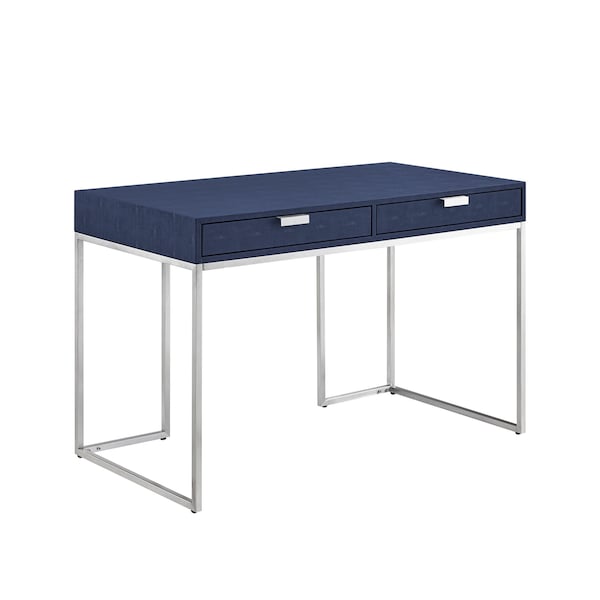 Homeroots 45" Navy Blue and Silver Wood and Stainless Steel Writing Desk With Two Drawers 543810 - main