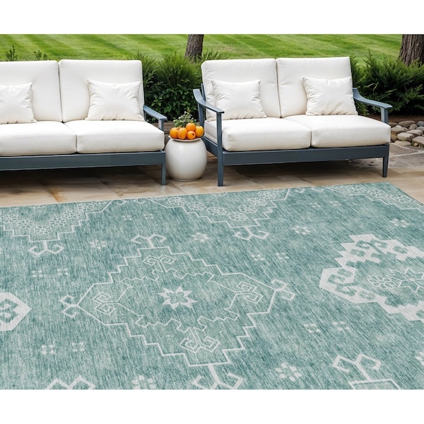 Homeroots 10' X 14' Aqua Teal Blue And Ivory Medallion Washable Indoor Outdoor Area Rug 589031 - main