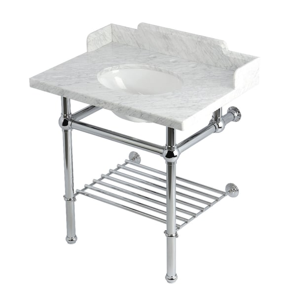 Kingston Brass 30-Inch Carrara Marble Console Sink with Brass Legs and Shelf, 8-Inch, 3-Hole LMS3030MBB1 - main