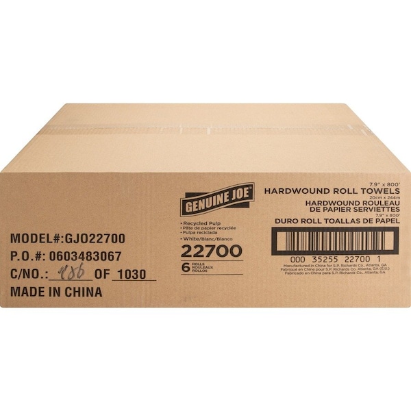 Genuine Joe Hardwound Roll Paper Towels - 7.90 x 800' - White, 6PK GJO22700 - main