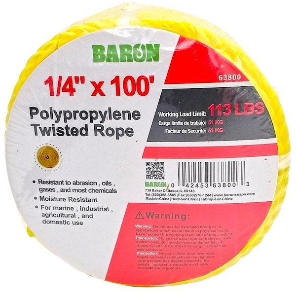 Baron Rope, 1/4 in Dia, 100 ft L, 113 lb Working Load, Polypropylene, Yellow 63800 - main