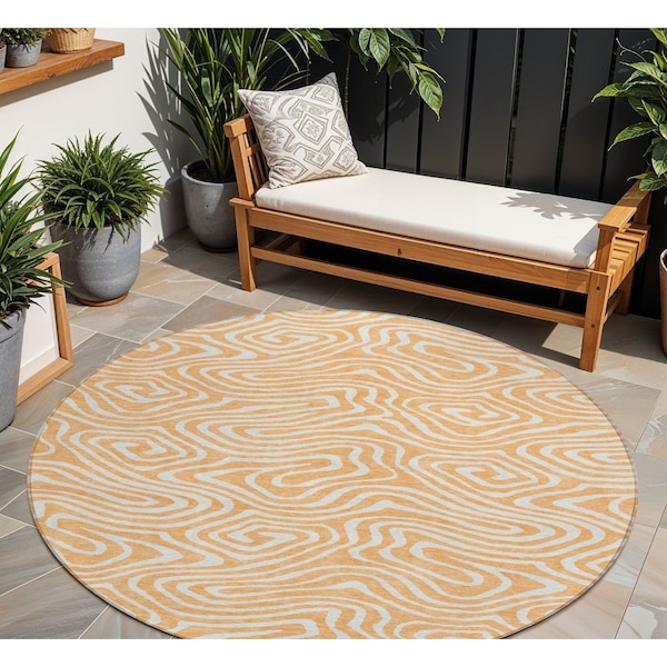 Homeroots 8' Peach And Ivory Round Abstract Washable Indoor Outdoor Area Rug 598994 - main