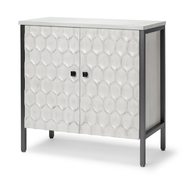 Homeroots 32in White and Gray Wood and Metal Carved Geometric Accent Cabinet With Two Doors 611056 - main