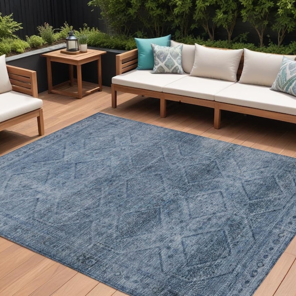 Homeroots 9' X 12' Blue And Ivory Geometric Washable Indoor Outdoor Area Rug 630493 - main
