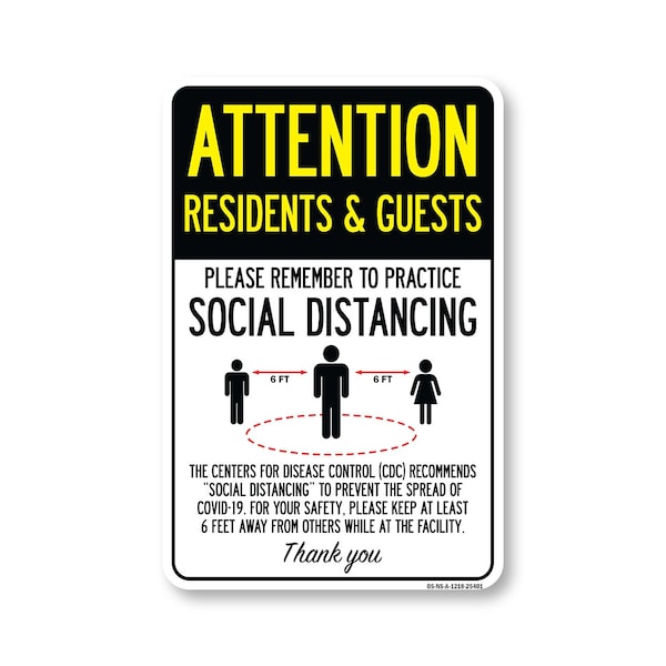 Signmission Public Safety, Residents And Guests Practice Social Distancing, 18in X 12in, OS-NS-A-1218-25401 OS-NS-A-1218-25401 - main