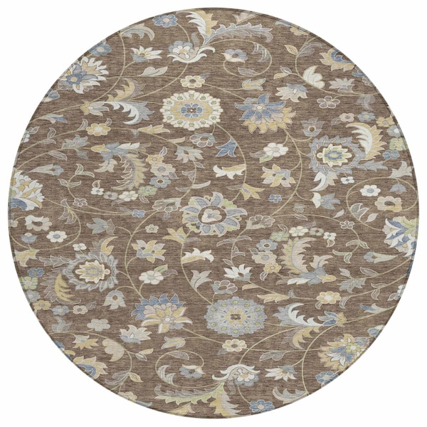 Homeroots 8' Chocolate Beige And Blue Round Floral Washable Indoor Outdoor Area Rug 597808 - main