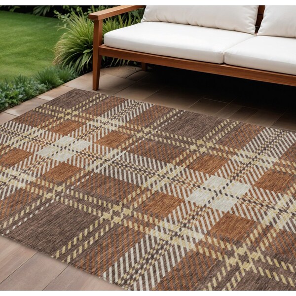 Homeroots 8' X 10' Chocolate Copper And Gold Plaid Washable Indoor Outdoor Area Rug 596324 - main