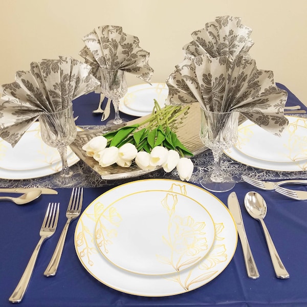 Smarty Had A Party 10.25" White with Gold Antique Floral Round Disposable Plastic Dinner Plates (120 Plates), 120PK 920WHG-CASE - main