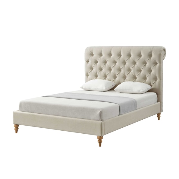 Homeroots Beige Solid Wood Queen Tufted Upholstered Linen Bed with Nailhead Trim 544881 - main