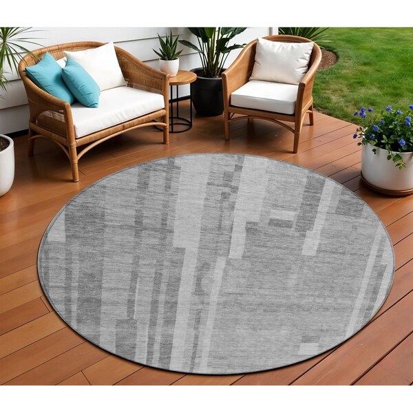 Homeroots 8' Gray And Silver Round Striped Washable Indoor Outdoor Area Rug 602787 - main