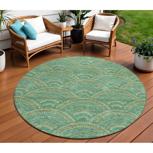 Homeroots 8' Sage Fern Green And Peach Round Geometric Washable Indoor Outdoor Area Rug 615232 - main