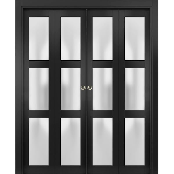 Sartodoors Sliding Closet Double Bi-fold Doors, Lucia 2552 Matte Black with Frosted Glass, Sturdy Tracks Mold LUCIA2552DBF-BLK-96 x 80 (4* 24x80) - main