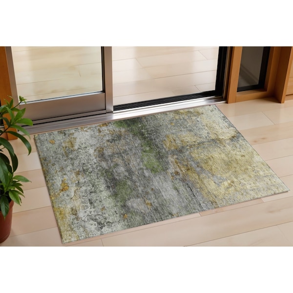 Homeroots 3' X 5' Olive Green Gold And Gray Abstract Washable Indoor Outdoor Area Rug 631449 - main