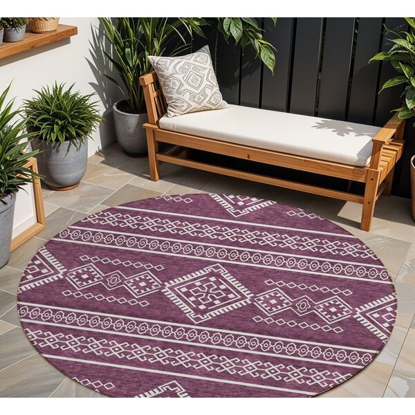 Homeroots 8' Eggplant And Ivory Round Southwestern Washable Indoor Outdoor Area Rug 593668 - main