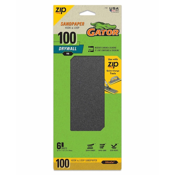 Gator Finishing Zip SilicaCut Drywall Hook and Loop Sandpaper Sheets, 100 Fine Grit 7157 - main