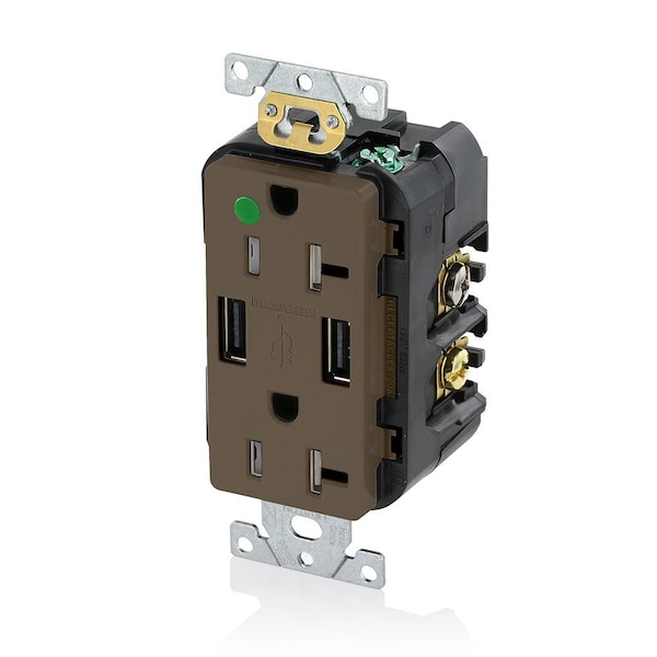Leviton USB Charger/Duplex Tamper-Resistant Receptacle, Hospital Grade, 3.6/20 Amp, 125 Volt, Brown T5832-HG - main