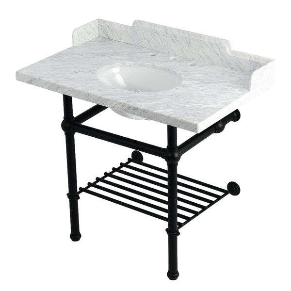 Kingston Brass 36-Inch Carrara Marble Console Sink with Brass Legs and Shelf, 8-Inch, 3-Hole LMS3630MBB0 - main