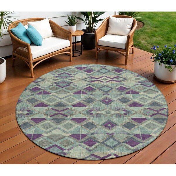 Homeroots 8' Blue And Purple Round Geometric Washable Indoor Outdoor Area Rug 609004 - main