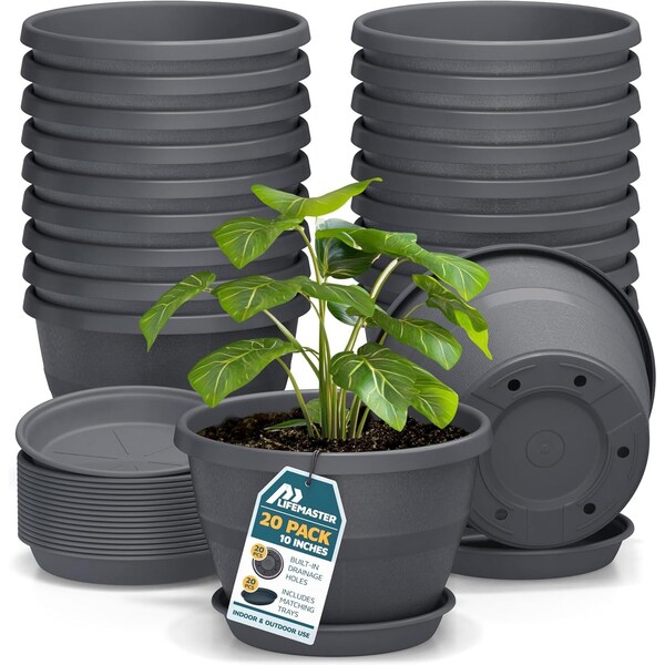 Lifemaster 10-Inch Whiskey Barrel Planters, Durable Plastic Pots with Drainage and Saucer, 20PK LMPBP20GRY20 - main