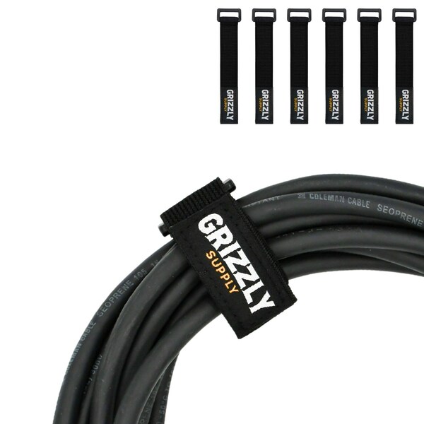 Grizzly Supply Stretch Cinch Strap, 6 in L, 1 in W, Hook and Loop Closure, Reusable, Black, 6PK GS-HLSTR6-0 - main