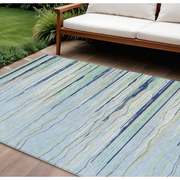 Homeroots 8' X 10' Sky Blue Aqua And Gray Striped Washable Indoor Outdoor Area Rug 597292 - main