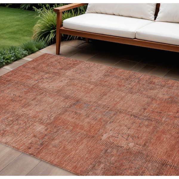 Homeroots 8' X 10' Salmon Copper And Gray Patchwork Washable Indoor Outdoor Area Rug 581614 - main