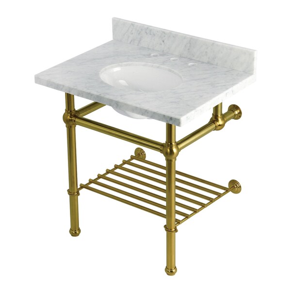 Kingston Brass 30-Inch Carrara Marble Console Sink with Brass Legs and Shelf, 8-Inch, 3-Hole KVPB3030MBB7 - main